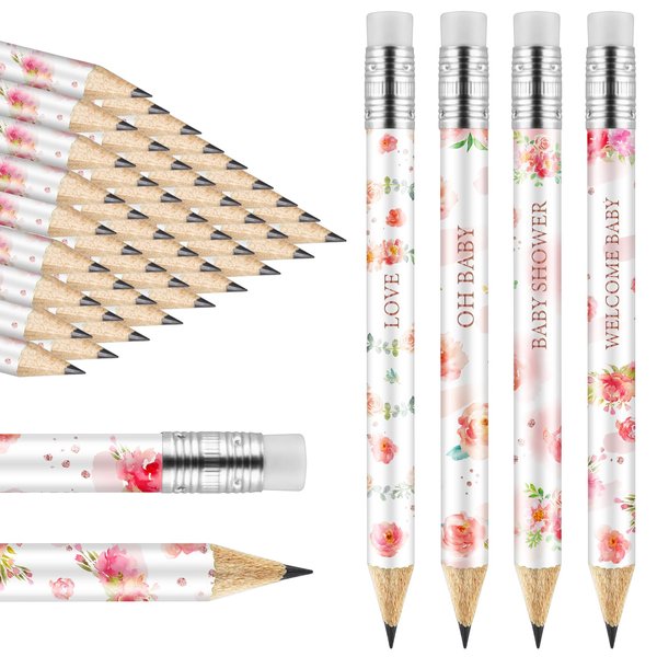 Tinlade 60 Pcs Baby Shower Golf Pencils with Erasers 4 Inch Baby Shower Pencils Colorful Half Pencils for Kids Sharpened Mini Pencils for School Office Baby Shower Supplies (Floral)