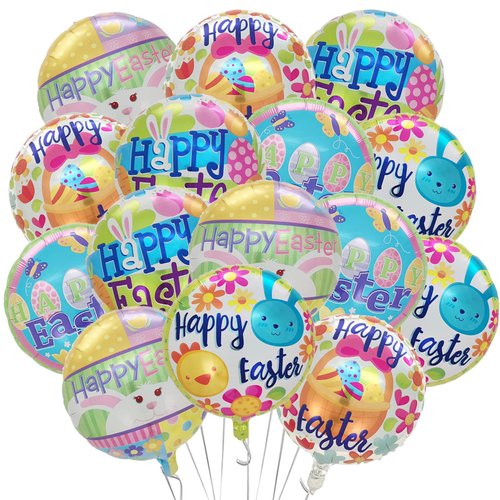 15Pcs Happy Easter Balloons Decorations Round Happy Easter Foil Mylar Balloons Easter Bunny Egg for Spring Birthday Baby Shower Easter Party Decorations Supplies