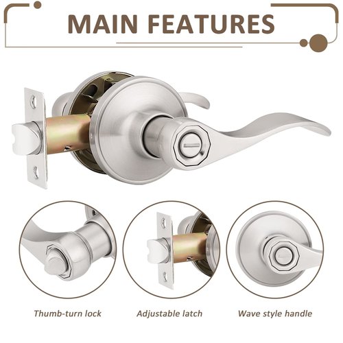 Probrico (1 Pack Privacy Door Lever[Thumb Turn Lock on The Inside],Locking Door Handle Set for Bedroom & Bathroom Doors,Keyless Satin Nickel Finish Wave Door Lock, Reversible Right & Left Side Handed