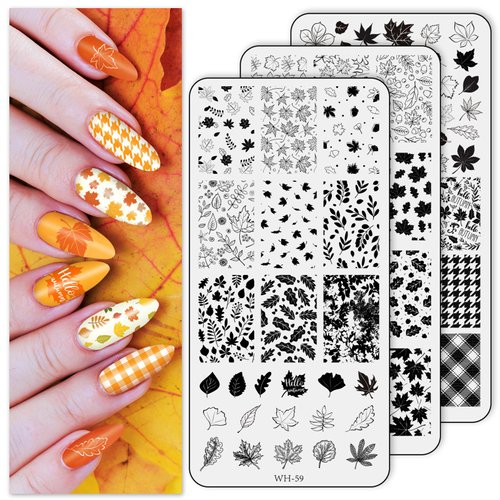 AnyDesign 3 Sheet Fall Thanksgiving Nail Art Stamping Plates Kit Assorted Maple Leaves Plaid Autumn Blessings Collection Nail Art Plate for Autumn Thanksgiving Nail Art Design DIY Print Manicure Salon