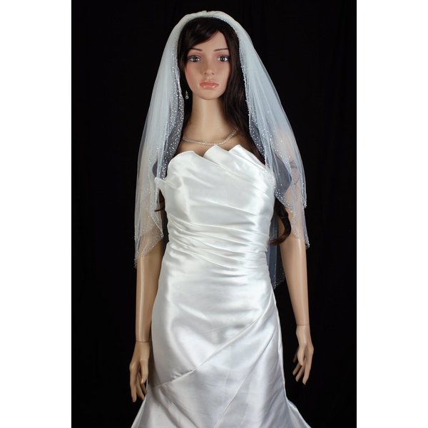 Bridal Veil Ivory 2 Tiers Fingertip Length Edge In Beads And Crystals