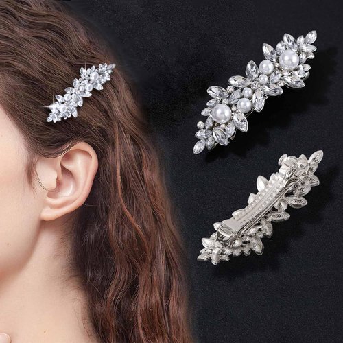 Iaceble Rhinestone Pearl Hair Clip Hairpins Vintage Pearl Hair Clip Silver Crystal Hair Barrette Bridal Hair Pin Hairclip Decorative Hair Accessories for Women and Girl Pearl Wedding Headdress