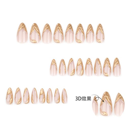 24Pcs Almond Shaped Press on Nails Medium French Tip Fake Nails 3D Gold Glue on Nails Full Cover Acrylic Nails Medium Length False Nail Tips Glossy Stick on Nails Reusable Artificial Nails for Women