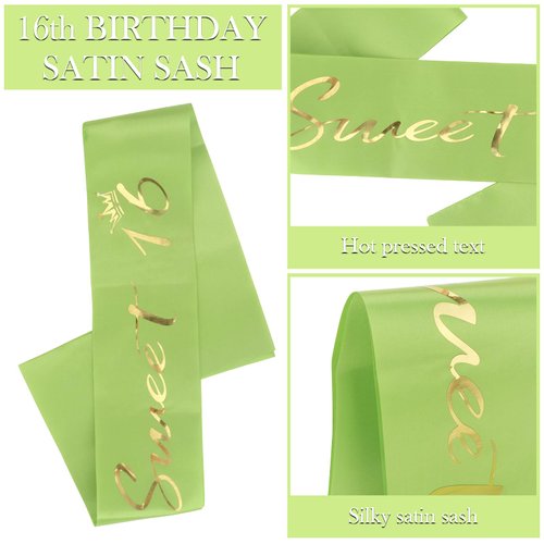 Semato Green Sweet 16 Party Decorations 16th Birthday Crown and Sweet 16 Sash Kit- Sweet 16 Gifts for Girls 16th Birthday Party Favors Birthday Party Supplies for Girls