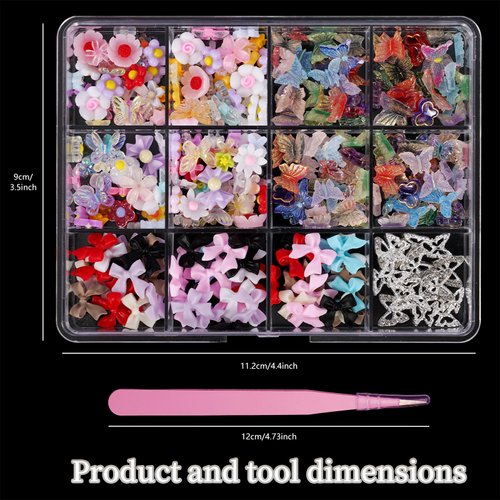 3D Bow Butterfly Flowers Nail Charms, Alloy Silver Butterfly Nail Charms with Rhinestones Gems, Colorful Variety Charms for Acrylic Nail Art Manicure DIY Crafts Jewel Accessories