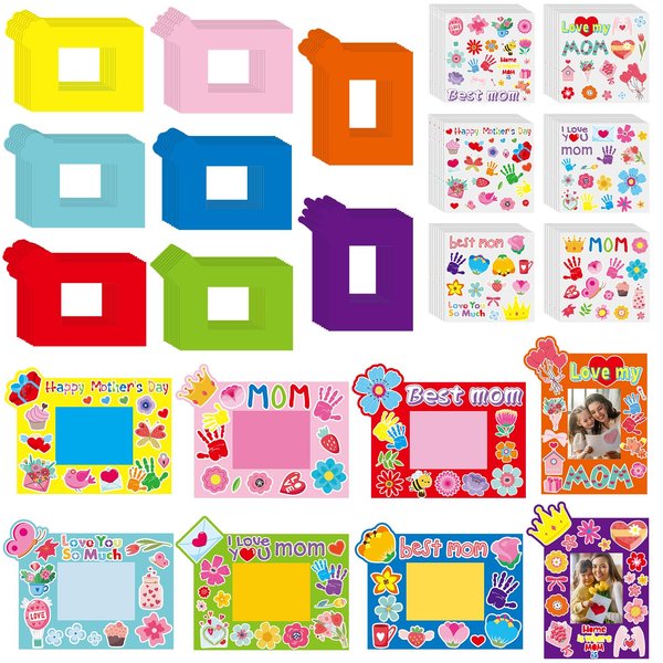 Beeveer 96 Pcs Happy Mother's Day Picture Frame Crafts DIY Handprint Flower Pot Hand Keepsake Picture Frame Craft Gifts with Flower Stickers for Spring Party Home Activities