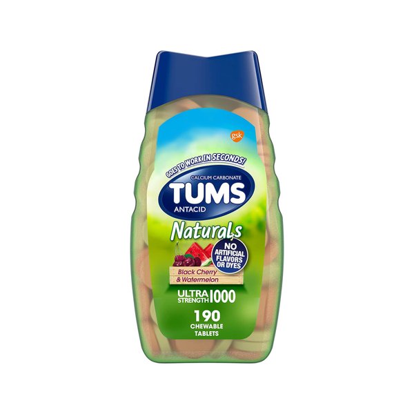 TUMS Naturals Ultra Strength Antacid Chews for Heartburn Relief, Black Cherry & Watermelon - 190 Count