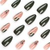 BAOYAALIN Dark Green Press on Nails Short Medium Almond Shaped Fake Nails with Swirl Leaves Design Gel Glue on Nails for Women Girls Acrylic False Stick on Nail Manicure Decorations for Wedding 24Pcs