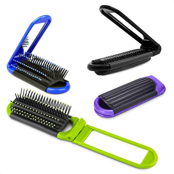 Foldable Hair Brush with Compact Mirror - Travel Brush for Thick Curly Hair, Hair Styling Tool for Women and Men