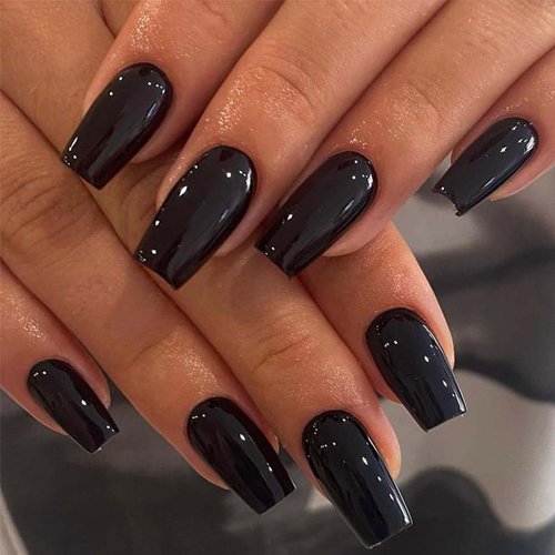 Bellelfin 120Pcs Black Press on Nails Medium Square Glue on Nails, Glossy Solid Color Fake Nails Full Cover Acrylic Nails Press on for Women Girls Artificial Fingernails