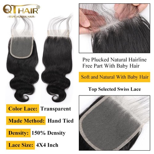 QTHAIR 14A Grade Brazilian Virgin Body Wave Hair Hair Bundle/Closure/Frontal 100% Unprocessed Brazilian Body Wave Human Hair Extensions (24", 4x4 Closure)