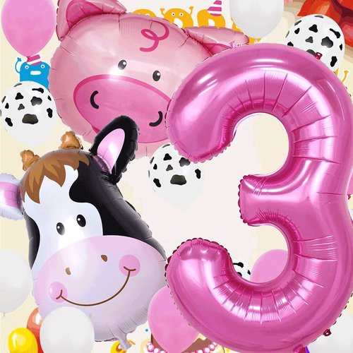 InBy 18pcs Farm Animal Balloons for 3rd Birthday Party Decorations Pig Cow Head Third Farm Animal Theme Balloon Garland Arch 40" Number 3 Foil Balloon 12" Latex Balloon Baby Girl Shower Party Supplies