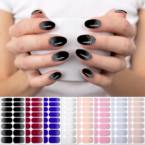 8 Sheets Nail Wraps for Women Nail Polish Strips Solid Color French Glitter Colorful Full Nail Polish Sticker, DIY Self-Adhesive Black White Sparkle Nail Art Decals Decor with 2 Piece Nail Files (128 Pieces)