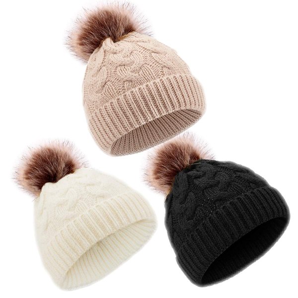DANMY Baby Beanie Hat, Infant Newborn Toddler Winter Warm Knit Cap for Little Boys Girls, Winter Warm Hat (6-36 Months, khaki/White/Black-3pcs)