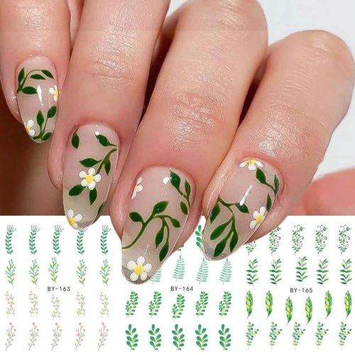 Summer Nail Art Sticker Green Leaf Water Transfer Nail Sticker Decal Green Blue Floral Flower Summer Nail Design for Acrylic Nail-Nail Art Supplies Manicure Decor 12sheets (Green)