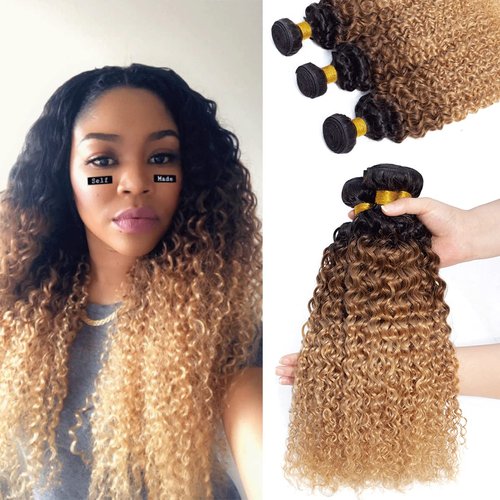 12A Ombre Brazilian Virgin Curly Hair 3 Bundles (T1B/30/27,20" 22" 24") Ombre Virgin Remy Kinky Curly Human Hair Weave Bundles 100% Unprocessed Virgin Remy Hair Bundles 3 Tone Ombre Hair Bundles