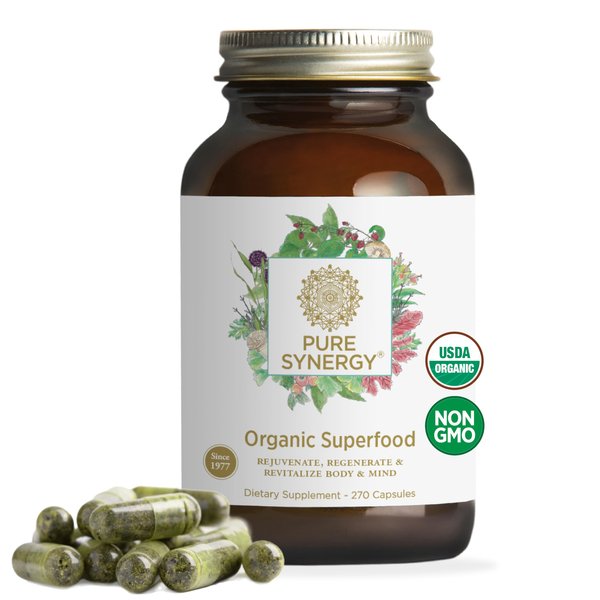 PURE SYNERGY Superfood Capsules | Organic Superfood & Greens Supplement | Whole Food Capsules with Super Greens, Spirulina, & Mushrooms | for Energy, Healthy Aging & Immune Health (270 Capsules)