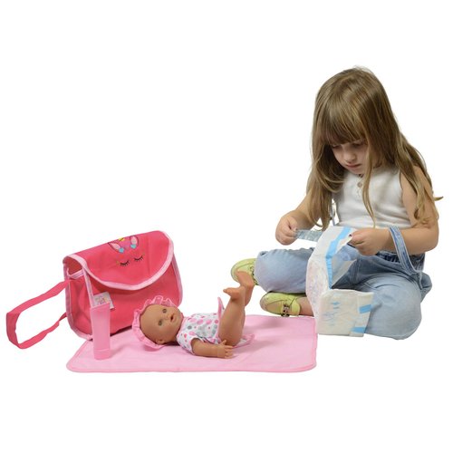 The New York Doll Collection Unicorn Doll Diaper Travel Bag with Doll Care Accessories, Including Baby Lotion, Powder, and Changing Mat