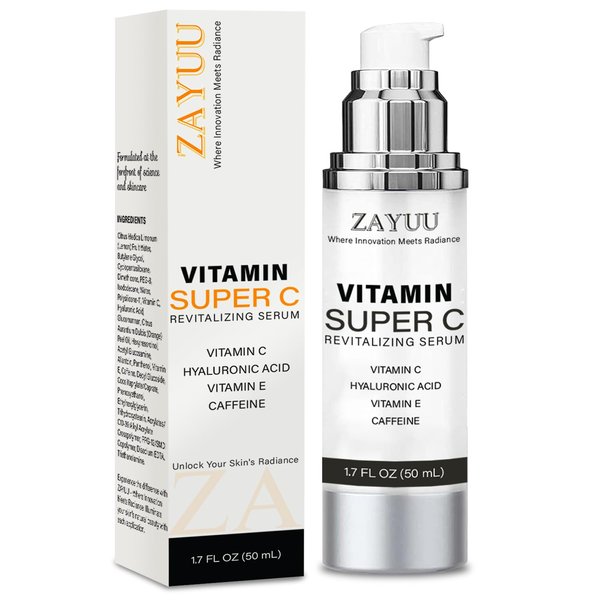 Super Vitamin C Face Serum for Mature Skin: All-In-One Hydrating Anti-Aging Formula - Vitamin C, Hyaluronic Acid, Vitamin E, Caffeine - Face Lift Serum for Wrinkles, Dark Spots - 1.7 fl. oz.