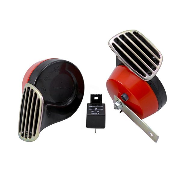 RED Black Twin TRUMPET SNAIL High/Low Tone 12v Volt Electromagnetic Loud Dual Replacement HORNS (Quantity 2) Compact Complete Universal Kit with Brackets Relay Hardware for Chevrolet Avalanche Silverado 1500 2500 3500 Suburban Tahoe Trailblazer Camaro S10