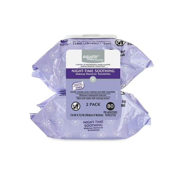 Equate Pre-Moistened Night-Time Soothing Makeup Remover Towelettes, 80 Ct, 2 Pk