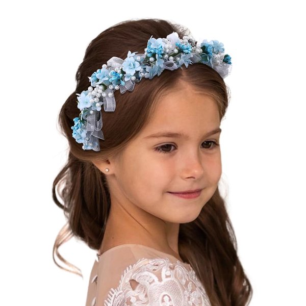Campsis Girls Headpiece Flower Headbands Pearl Communion Hair Accessories Crystal Girls Birthday Photography Hair Band for Women and Girls(Blue)