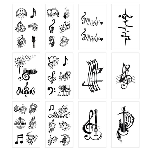 40 Pieces Black Music Temporary Tattoos,12 Sheets Guitar Words Symbols Fake Waterproof Stickers for Women Men Girls Lower Back Shoulder Neck Arm Body Art