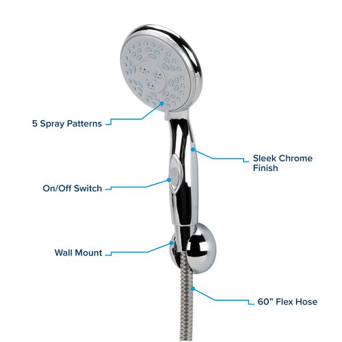 Camco 43713 RV Shower Head Kit with On/Off Switch and 60" Flexible Shower Hose (Chrome)