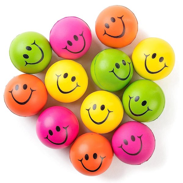 Be Happy! Neon Colored Smile Funny Face Stress Ball - Happy Face Squishies Stress Foam Balls for Soft Play - Bulk Pack of 12 Relaxable 2.5" Stress Relief Smile Squeeze Balls Fun Toys - Toddler Balls