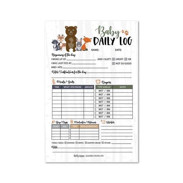 Hadley Designs Nanny Newborn Baby or Toddler Log Tracker, Schedule Feeding Food Sleep Naps Activity Diaper Change Monitor Notes, Essential Supplies for Daycare, Babysitter, Caregiver, 50 Sheet Pad