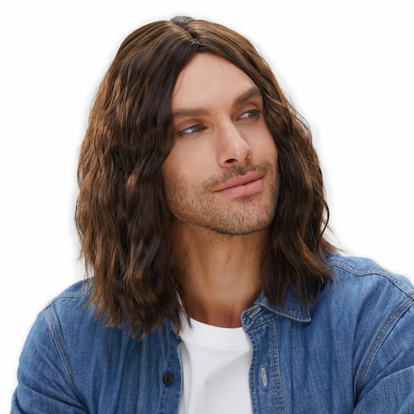 MEDISIFA Long Mens Wig Wavy Men Wig for Party Curly Wigs for Man Male Hippie Rocking 70s 80s Them Party Cosplay Costume Anime Heat Resistant Synthetic Hair Wig With Cap (Middle Brown)
