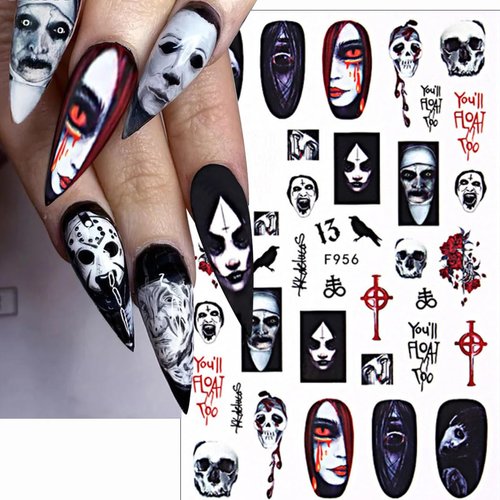 5 Sheet Halloween Nail Art Stickers Red Black Halloween Elements 3D Self-Adhesive Nail Decals Horror Avatar Ghost Red Hand Drops Design Nail Decorations Halloween DIY Nail Supplies for Women