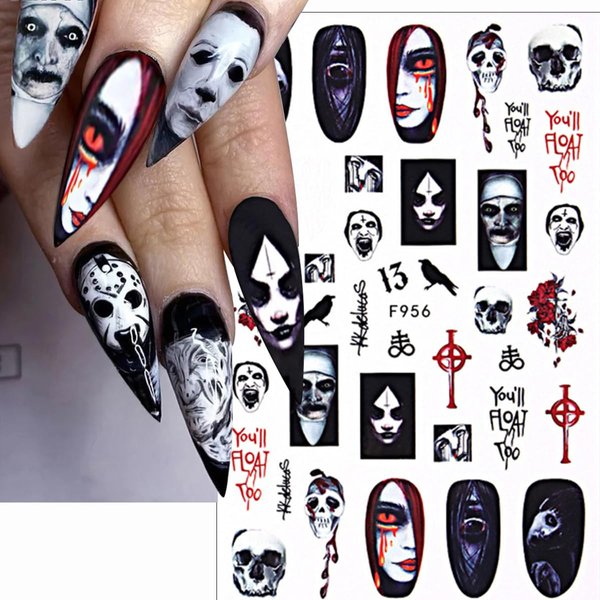 5 Sheet Halloween Nail Art Stickers Red Black Halloween Elements 3D Self-Adhesive Nail Decals Horror Avatar Ghost Red Hand Drops Design Nail Decorations Halloween DIY Nail Supplies for Women