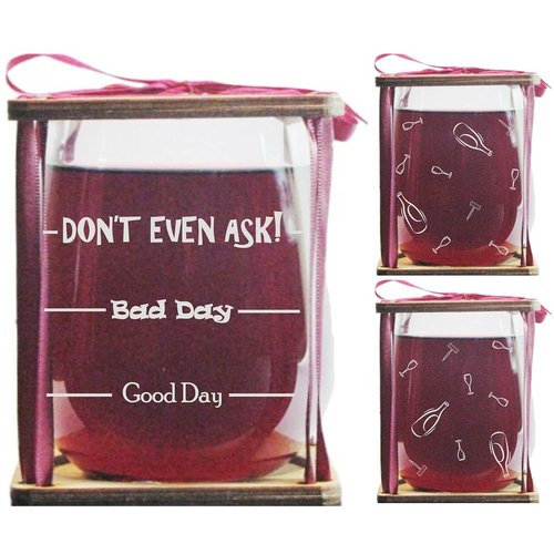 Orange Kat Good Day, Bad Day, Don't Even Ask! Stemless Wine Glass and Presentation Packaging
