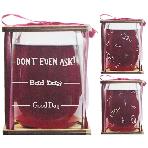 Orange Kat Good Day, Bad Day, Don't Even Ask! Stemless Wine Glass and Presentation Packaging