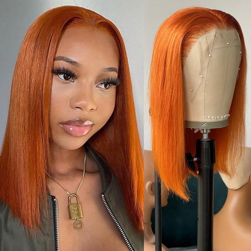 RunM Bob Wig Human Hair 12 inch 13x4 HD Frontal Lace Wig 150% Density Straight Short Bob Wigs for Women Glueless Ginger Orange Bob Lace Front Wigs Human Hair (12 inch)