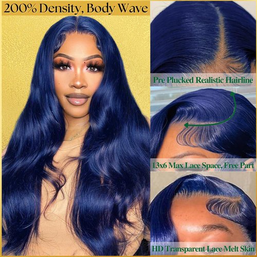 Syrenlore Dark Blue Lace Front Wig Human Hair Body Wave 22 Inch 13x6 Full Frontal Lace Free Part Wigs Human Hair 200 Density Pre Plucked Bleached 12A Brazilian 100% Human Hair Wigs Colored for Women