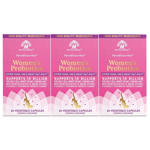 Nutricelebrity Probiotics for Women 10 Billion CFU 6 Strains, Organic Prebiotics for Digestive,Vaginal&Immune Health,PH Balance & Feminine Health,Period Pain, BV Relief, Cranberry Extract+ 3 Pack