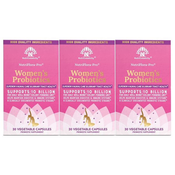 Nutricelebrity Probiotics for Women 10 Billion CFU 6 Strains, Organic Prebiotics for Digestive,Vaginal&Immune Health,PH Balance & Feminine Health,Period Pain, BV Relief, Cranberry Extract+ 3 Pack