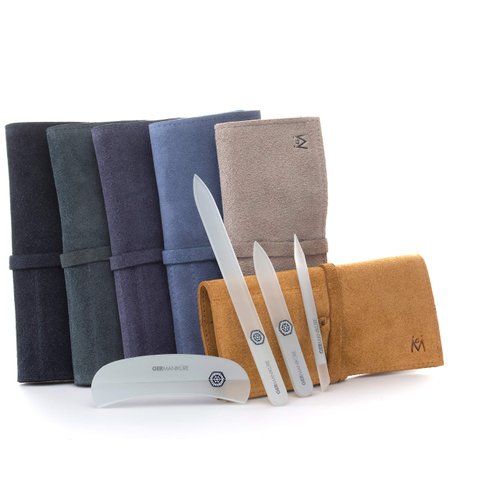 GERMANIKURE Crystal Glass Nail File Set in Black Suede Case – Handmade in Czech Republic – Professional Manicure & Pedicure Supplies – Glass Cuticle Stick, Pusher, Moon File