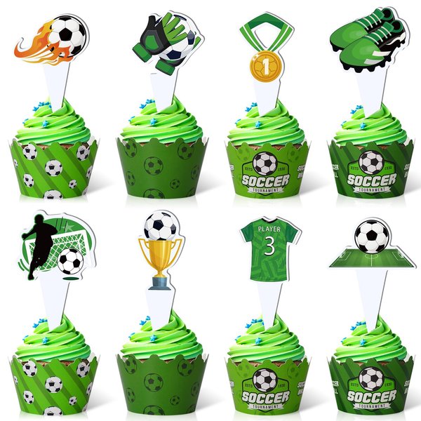 48Pcs Soccer Cupcake Toppers and Wrappers Soccer Party Supplies Soccer Cupcake Decorations for Boys Kids Teens Sport Theme Birthday Cupcake Picks for Soccer Birthday Football Holiday Party Favor Decor
