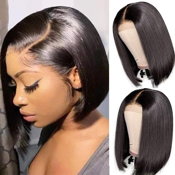 ISEE Hair Short Bob Wigs Human Hair Lace Closure Wigs Brazilian Virgin Human Hair Straight Bob Lace Front Wigs For Black Women Pre Plucked with Baby Hair Natural Black (14inch)