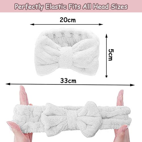2 Pcs Bowknot Spa Headband, Soft Coral Fleece Facial Makeup Hair Wrap Makeup Fluffy Headband for Women Girls Washing Face Skincare(White/Grey)