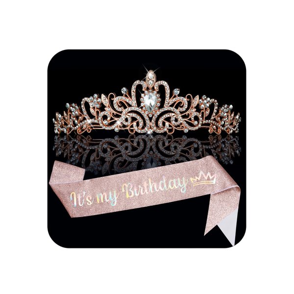 CUBACO Birthday Tiara Queen Sash and Crown It’s My Birthday Alloy Tiaras for Women Rhinestone Crowns Crystal Princess Hairband Happy Birthday Headband Hair Accessories for Party Decoration