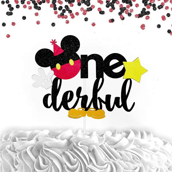 Black Glitter Mr Onederful Mickey Inspired Birthday Cake Topper, First Birthday Cake Topper Photo Booth Props Bow Tie Boy Baby Shower Party Supplies