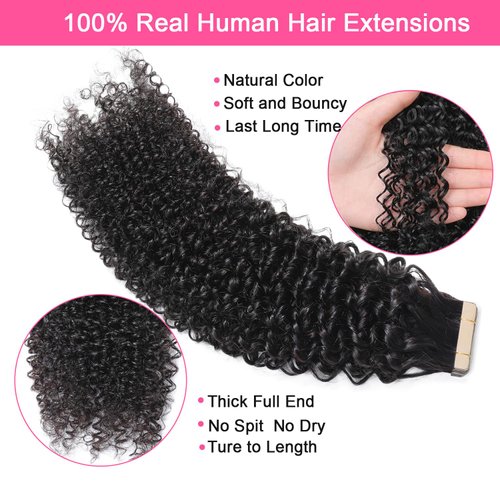 Hotlulana 40pcs Kinky Curly Tape in Hair Extensions Human Hair afro Curly Hair Extensions Tape Ins for Black Women Invisible Skin Weft Tape in Extensions 100g 26 Inch Natural Black