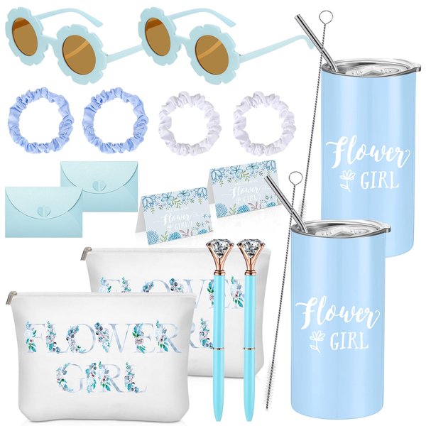 Flower Girl Proposal Gifts Flower Girl Tumblers with Straws Be My Flower Girl Card with Envelope Canvas Makeup Bag Sunglasses Hair Scrunchies Diamond Pen for Wedding Bridal Shower (Blue, 16 Pcs)