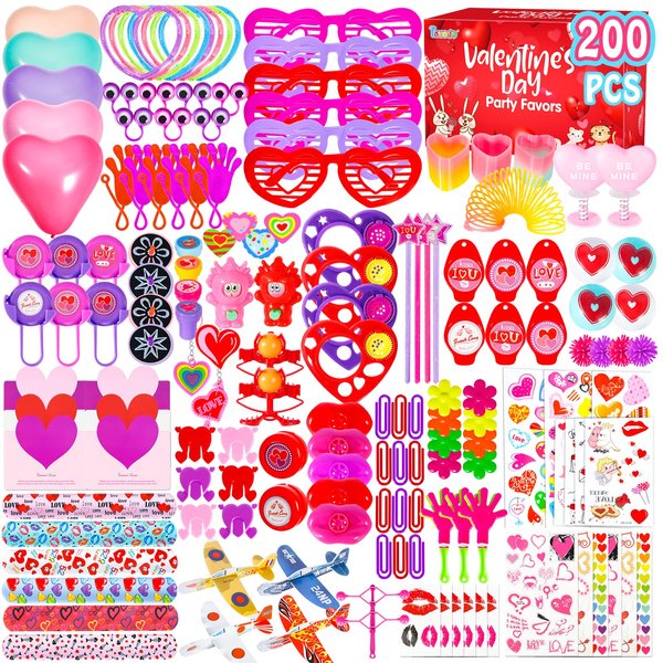 Thuodo 200pcs Valentines Party Favors Toys Assortment, Valentines Day Gifts for Kids as Valentine Classroom Prizes Rewards Bulk Goodie Bag Stuffers Birthday Party Supplies(Valentines)