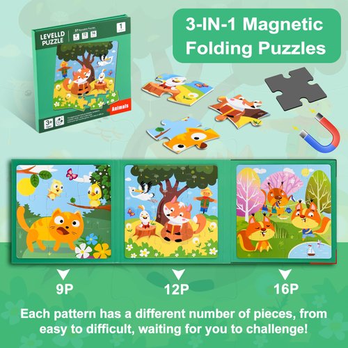 ASTARON Magnetic Puzzles for Toddlers, 9-12-16 Pieces Animal World Learning Magnet Puzzles for Road Trip, Educational Travel Toys Car Plane Activities for Kids, Kids Birthday Gifts
