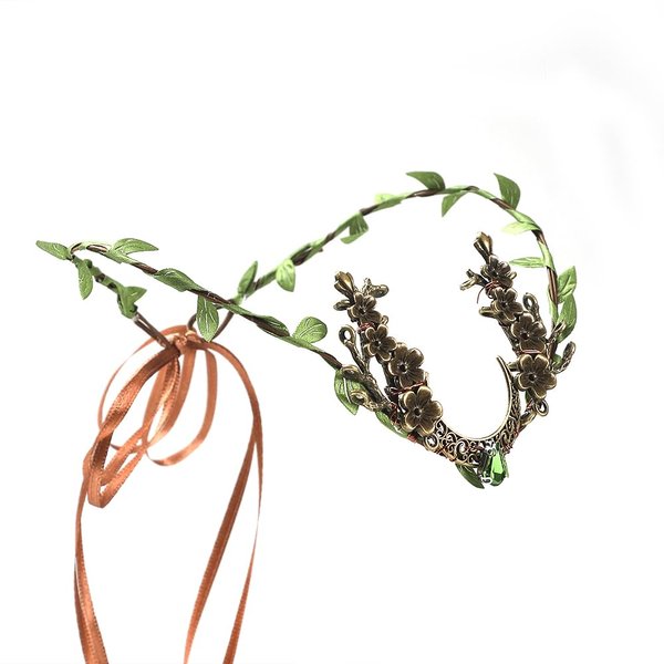 Bubbmi Elf Costume Flower Crown Headband with Bronze Moon, Cosplay Party Woodland Fairy Headpiece for Women Girls